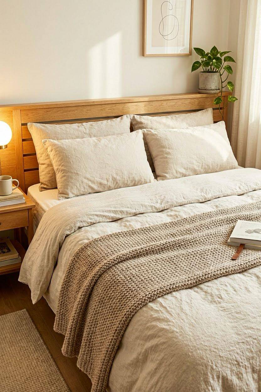 Neatly styled studio apartment bed with neutral bedding and a textured throw blanket as a decor focal point