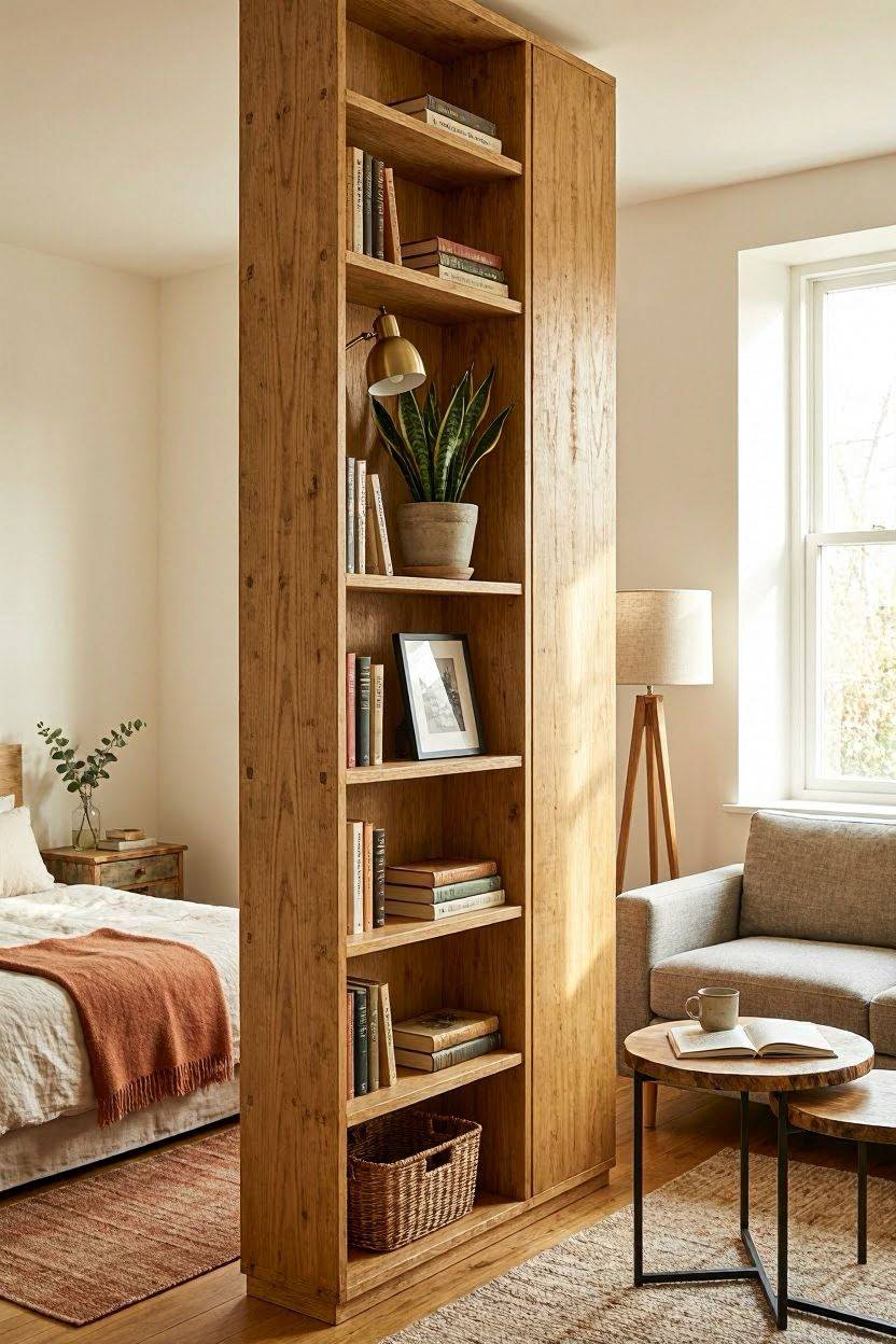 Open bookshelf used as a room divider between studio apartment bed and living room