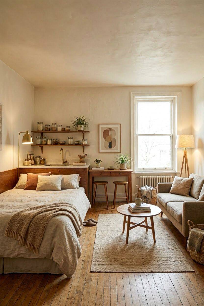 Cozy studio apartment with zoned living and sleeping areas decorated in warm neutral tones