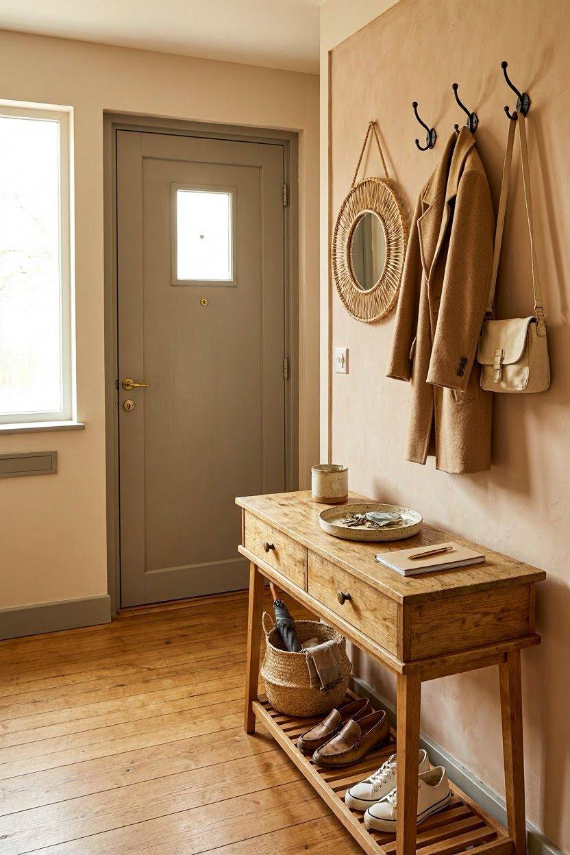 Narrow entryway console table with wall hooks and a shoe tray near a studio apartment front door