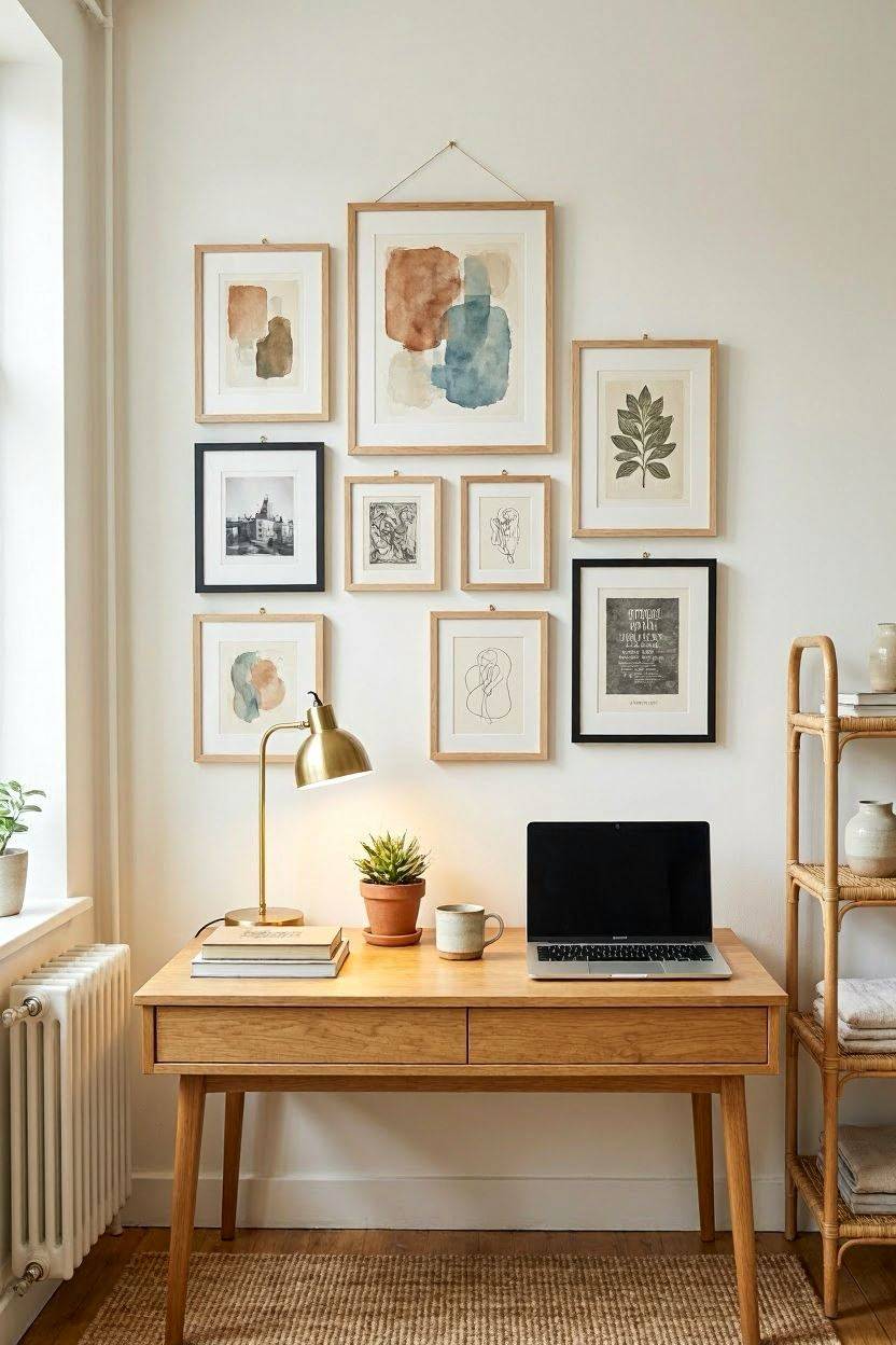 Gallery wall of framed art above a small desk area in a studio apartment