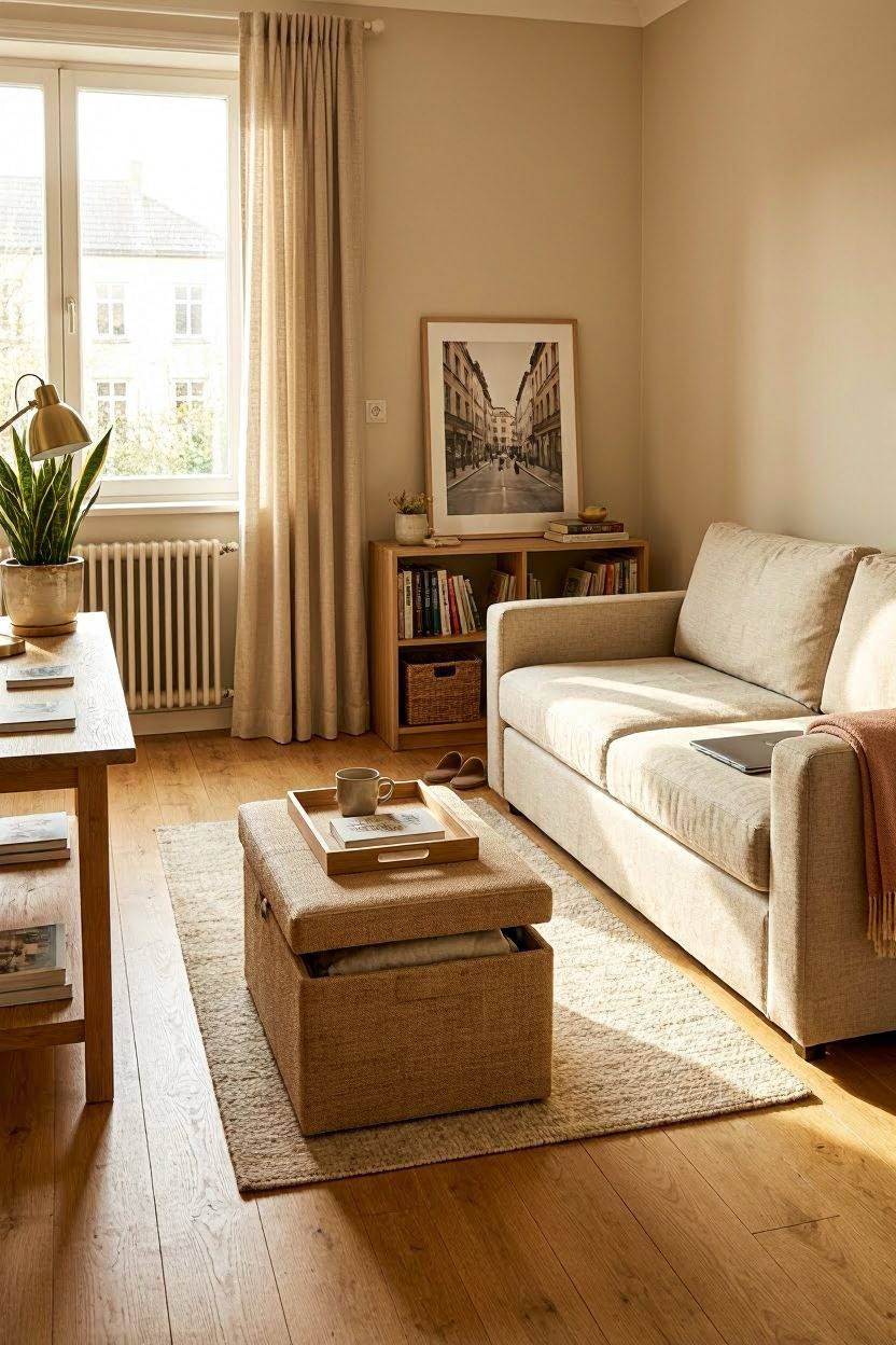Multi-functional storage ottoman and sofa bed setup in a small studio apartment living area