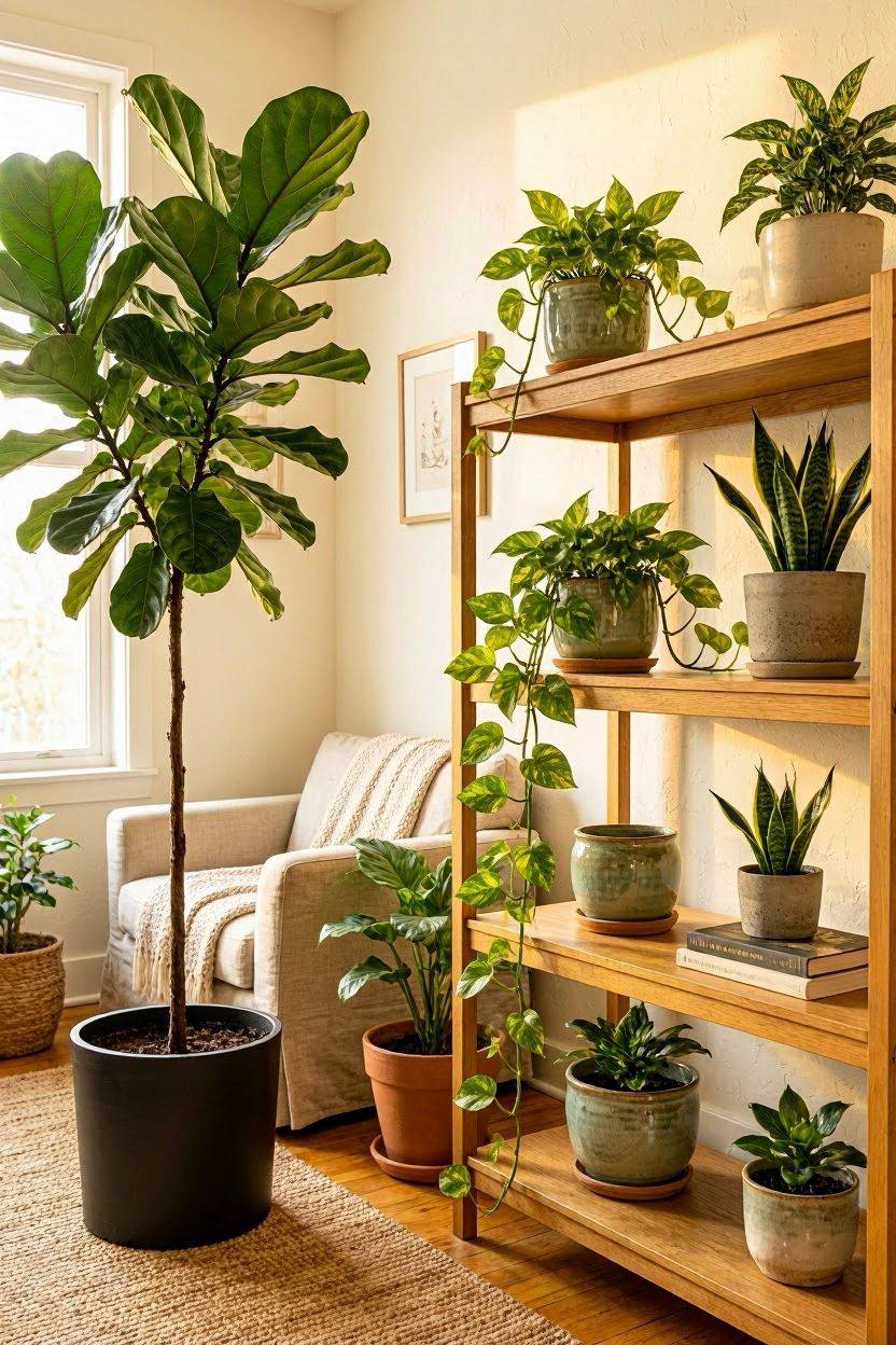 Indoor plants placed at varying heights including a tall floor plant and a trailing pothos on a shelf in a studio apartment