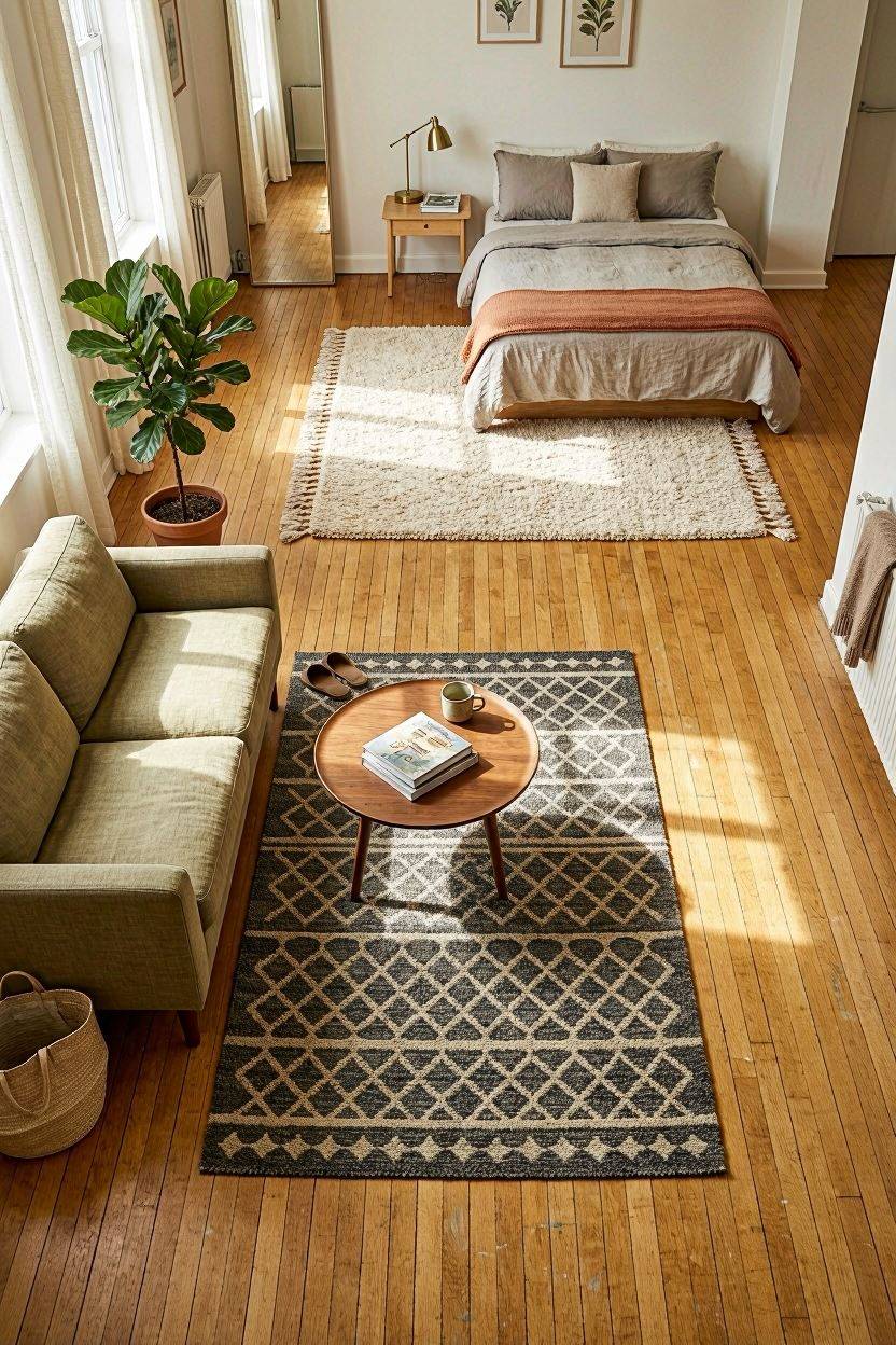Studio apartment floor zoned with two different area rugs to separate living and sleeping spaces