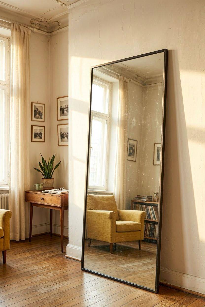 Large leaning floor mirror placed across from a window to reflect light in a studio apartment