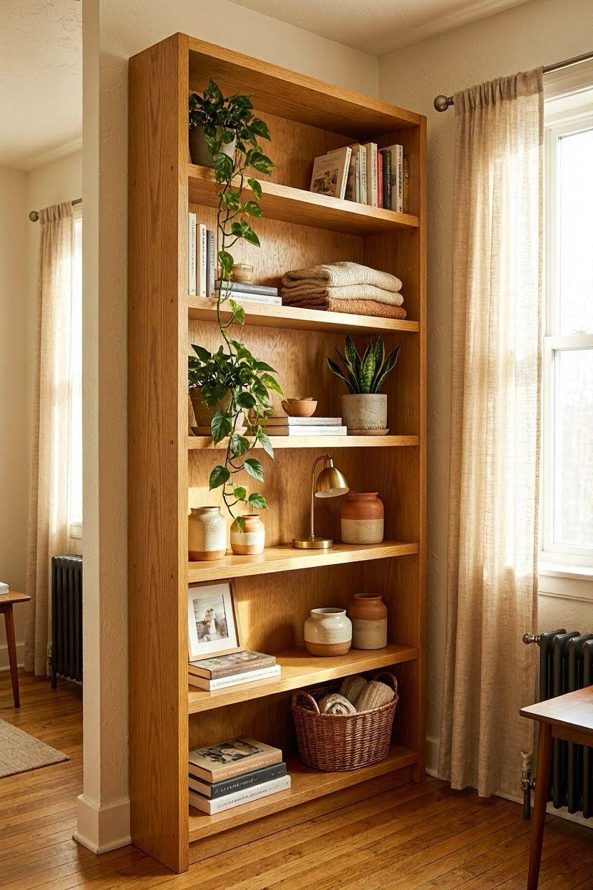 Tall vertical wall shelving unit used for storage in a compact studio apartment