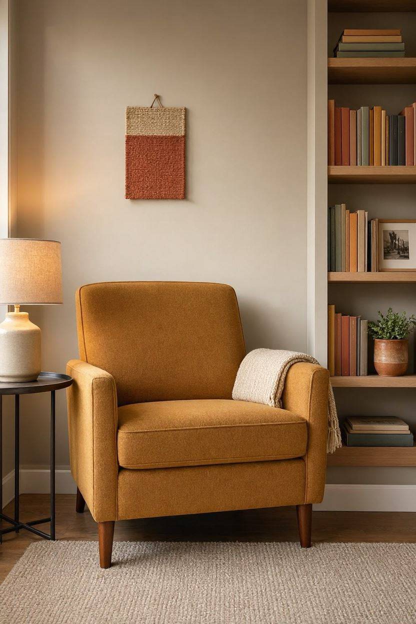 Small reading corner with chair, lamp, and bookshelf in a bedroom