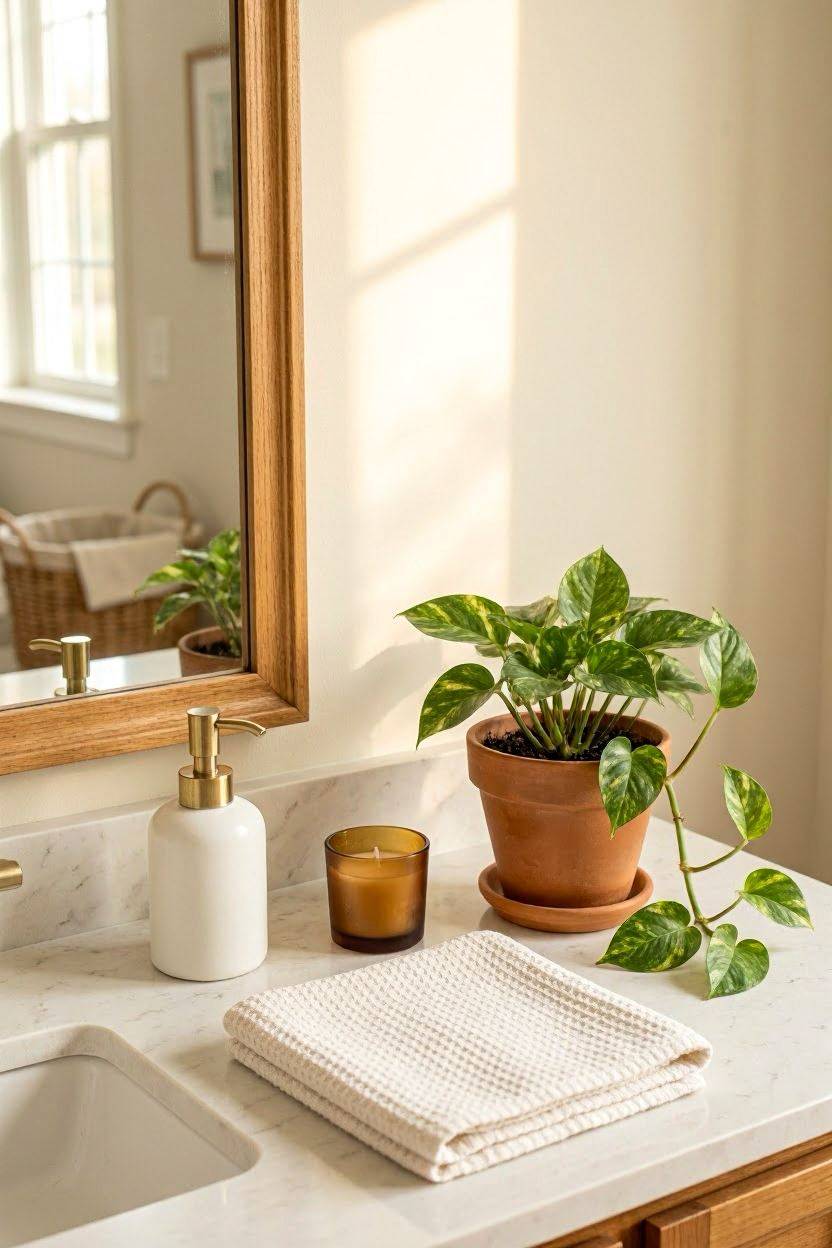 Styled bathroom counter with soap pump candle and small plant