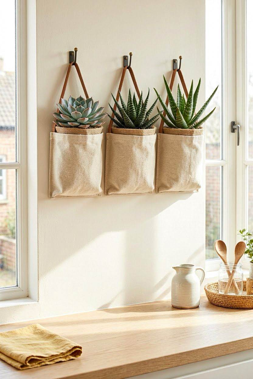 Three fabric wall pocket planters with small succulents mounted near a kitchen window