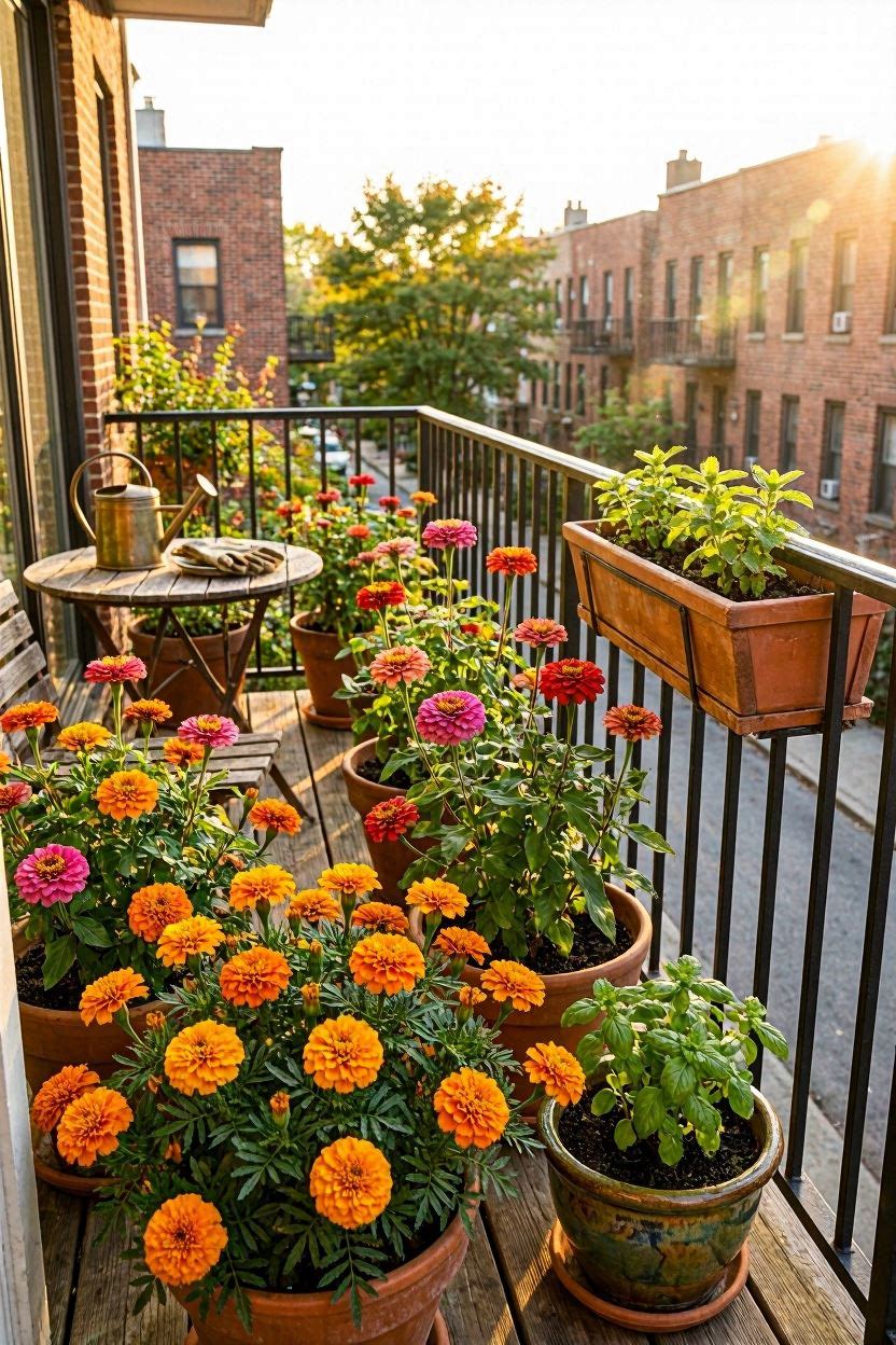Marigold, zinnia and portulaca thriving in pots on a sunny summer balcony