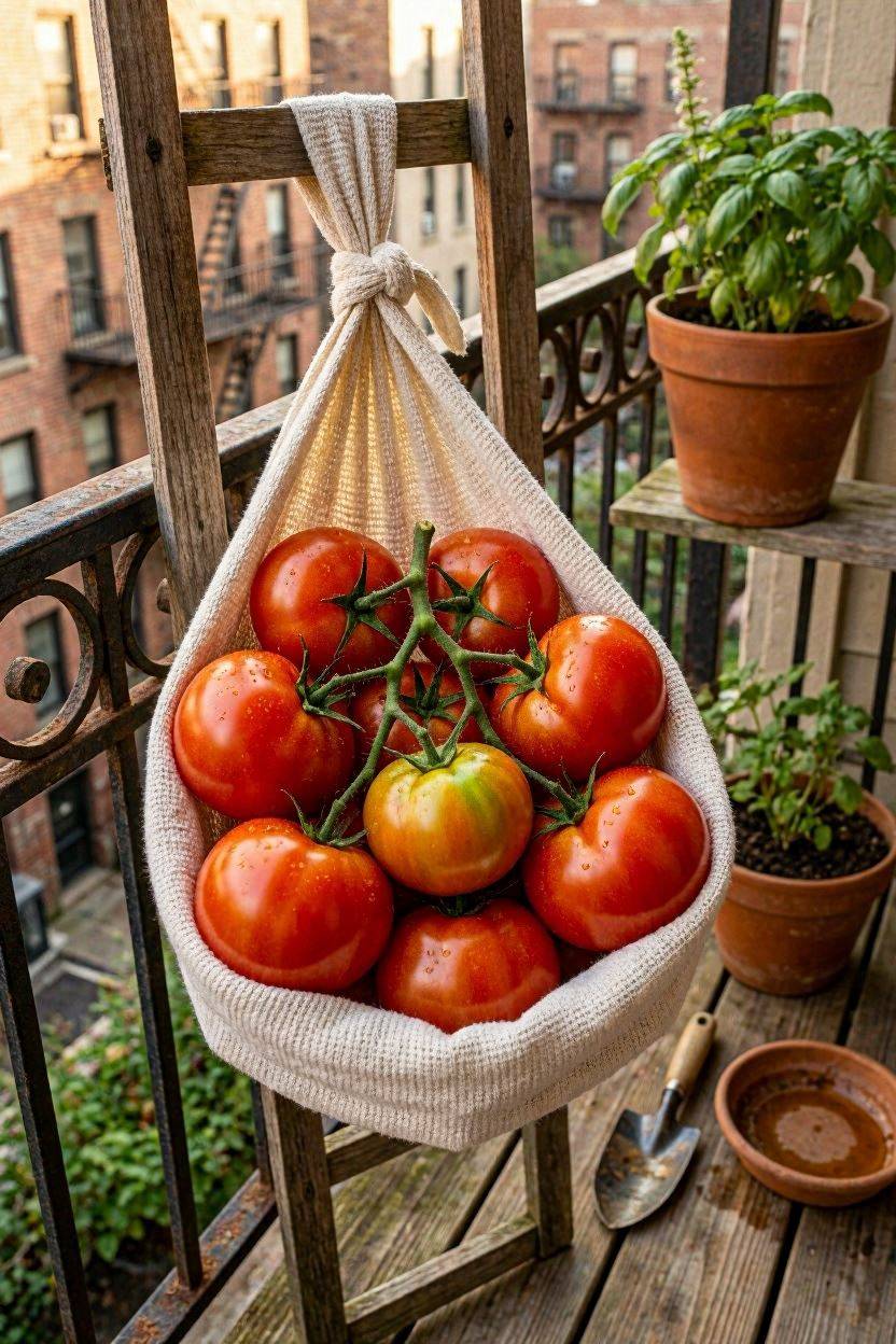 Adding extra support slings for heavy tomato and cucumber fruit clusters on trellis