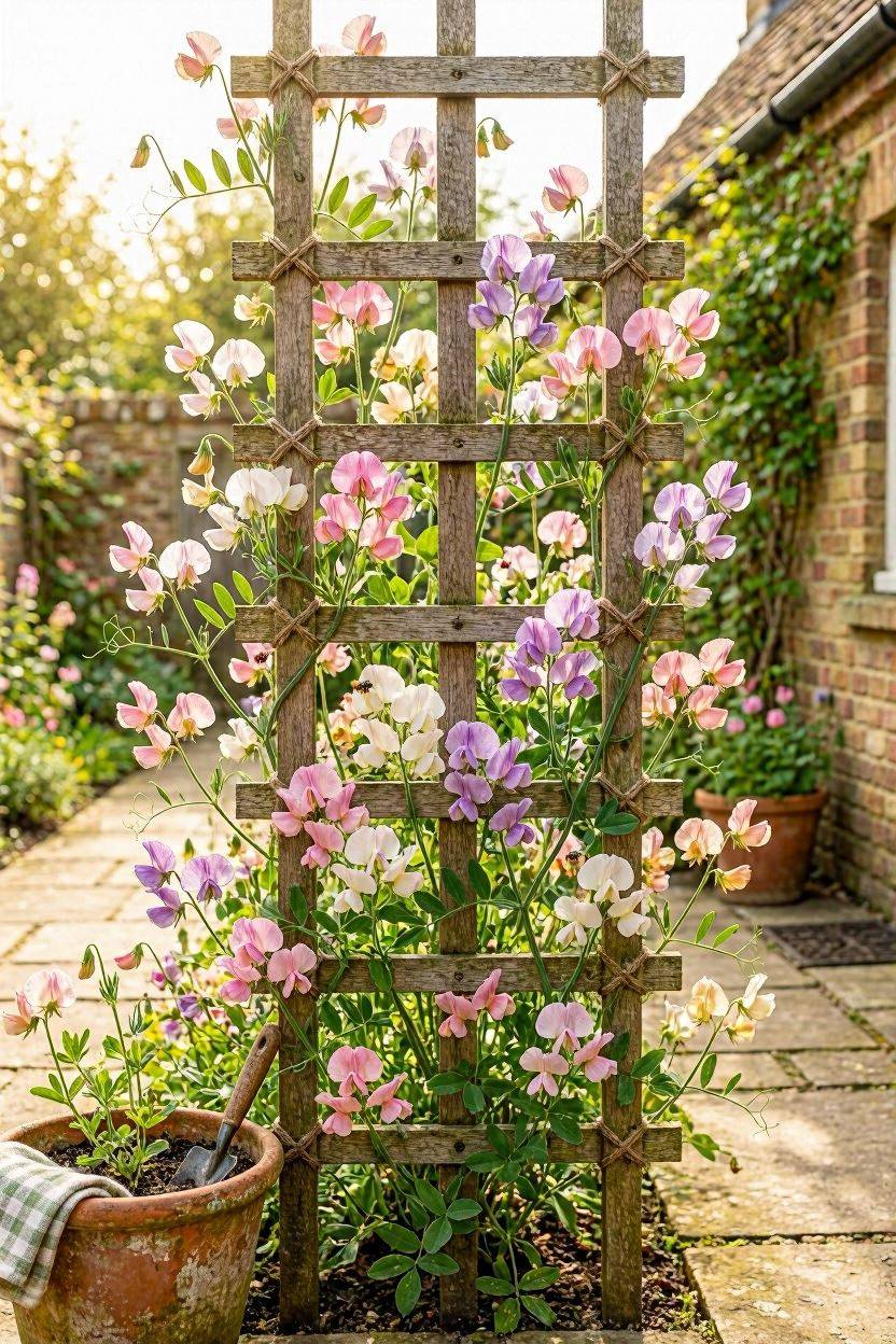 Sweet pea flowers growing along a wooden trellis