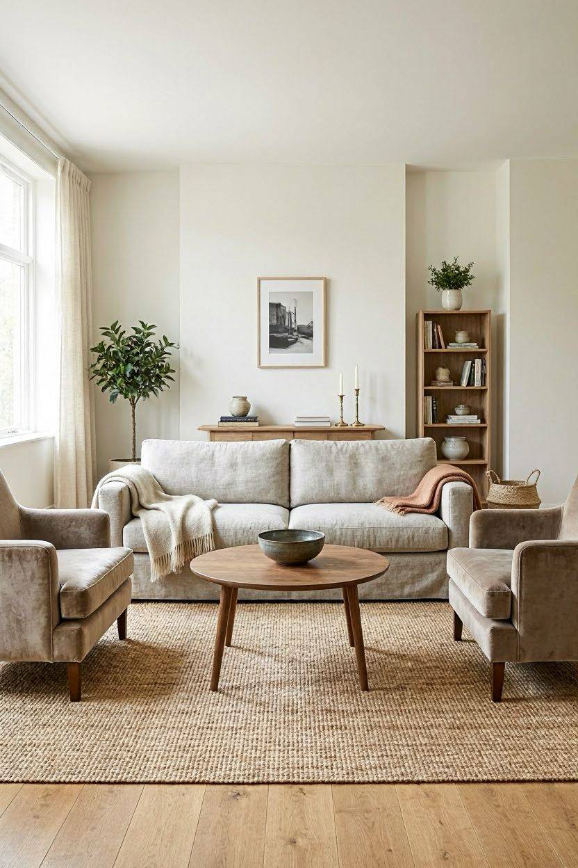 Symmetrical living room layout with matching chairs facing a sofa