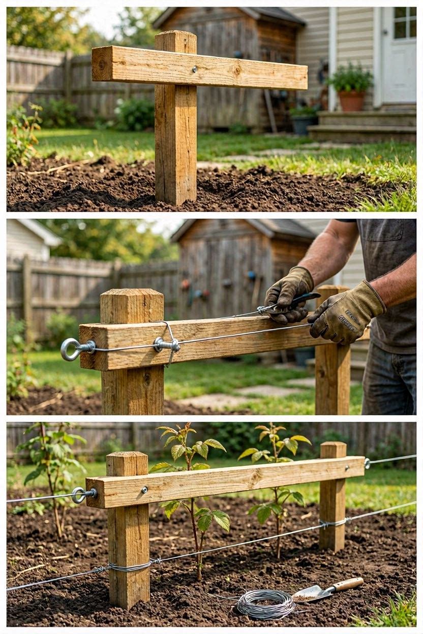 Step-by-step T-post trellis installation in a home garden with galvanized wire strung between wooden crossarms