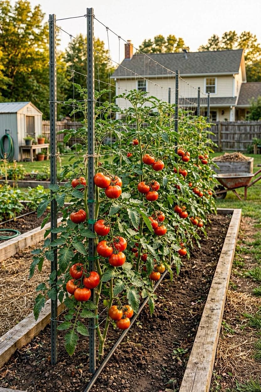 Metal T-post and wire fence tomato trellis running along a long garden row with tall indeterminate tomato plants tied to the wire