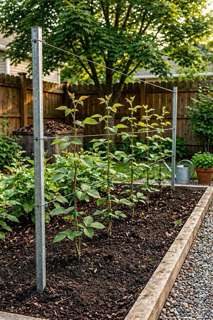 Step-by-step T-post wire trellis setup for blackberries in a home garden