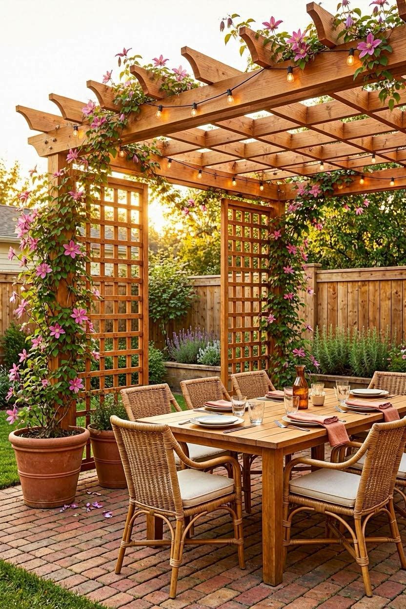 Tall white oval planters with bamboo and fountain grass on wood-decked balcony for privacy