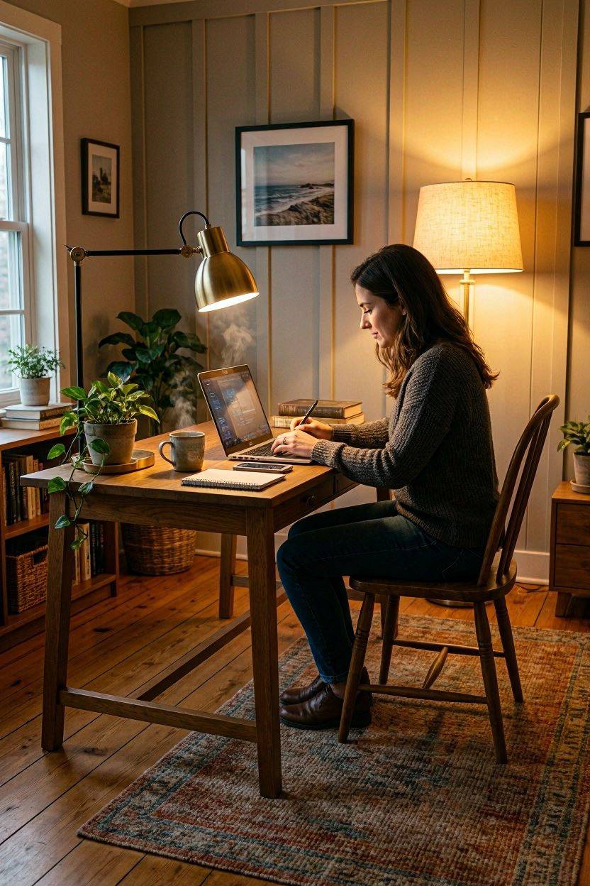 Layered task and ambient lighting setup in a home office
