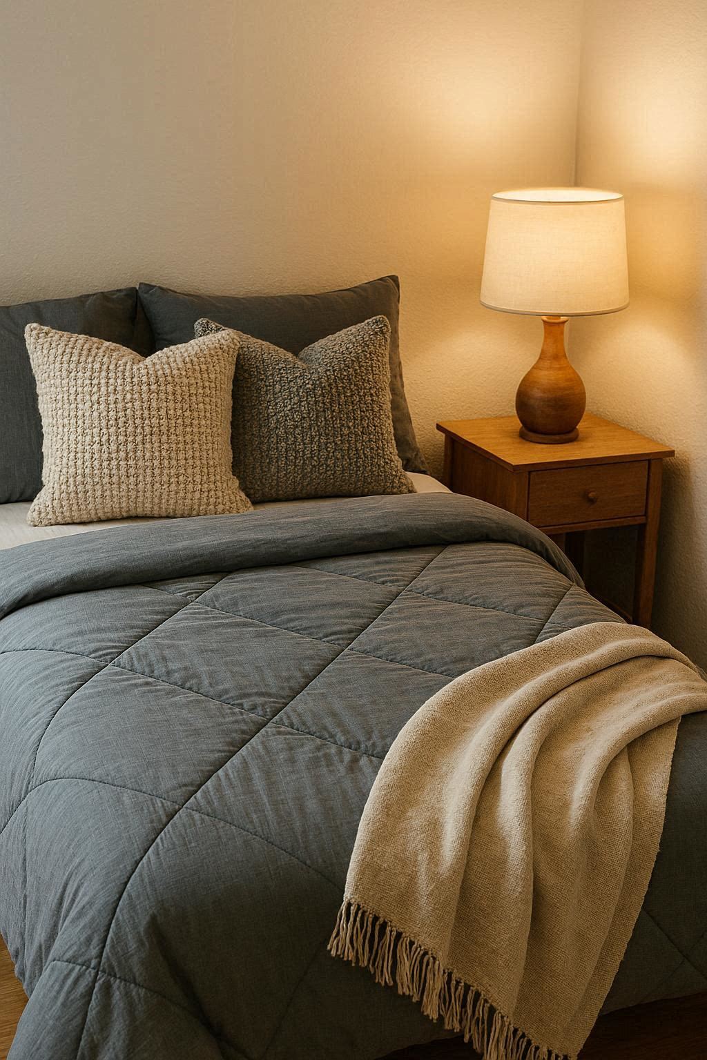 Teen boy bedroom with dark slate gray comforter, textured throw pillows and matching geometric bedding set