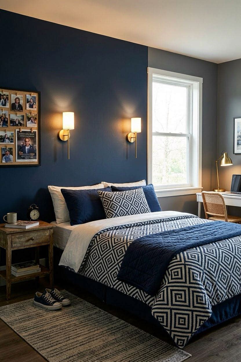 Dark navy and charcoal bedroom color scheme for teenage boy with accent lighting