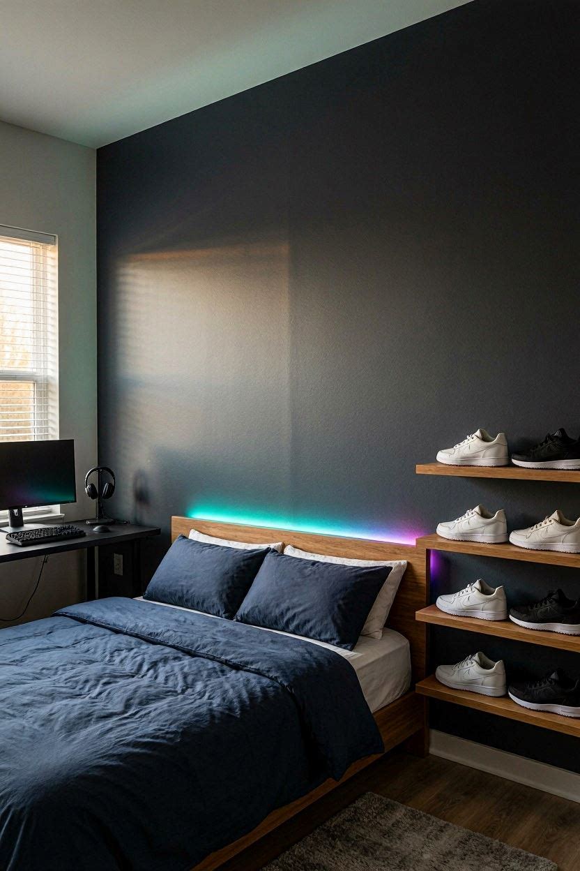 Teenage boy bedroom with dark walls, LED lights, gaming desk and stylish decor