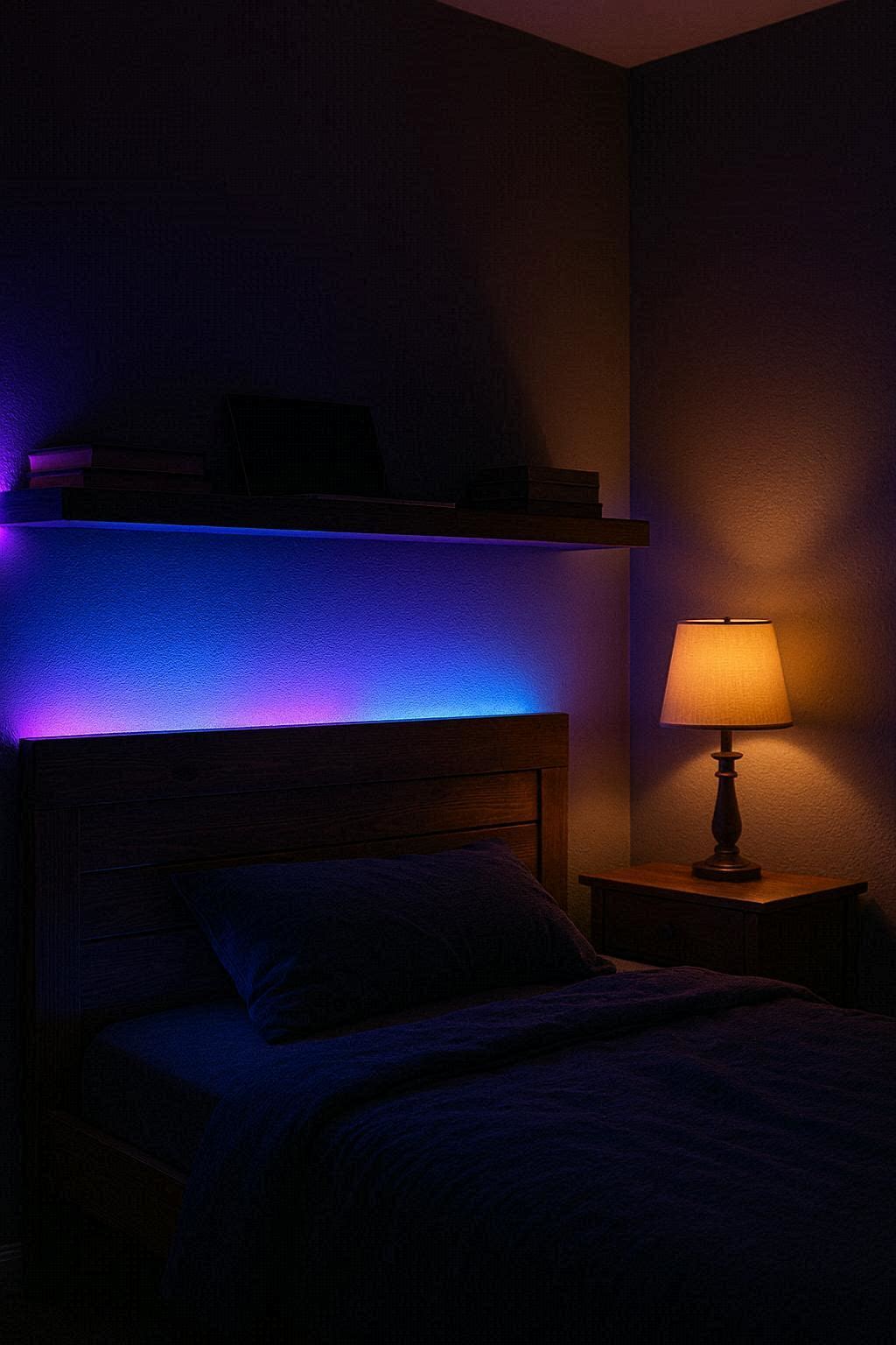 Teenage boy bedroom with LED strip lights behind bed headboard and under desk shelf in blue and purple