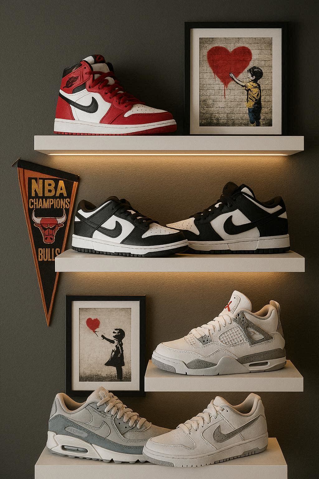 Teen boy bedroom wall with floating shelves, sneaker display, sports memorabilia and framed street art