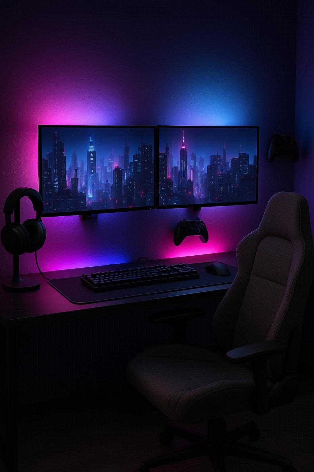 Ultimate teen gaming setup with dual monitors, RGB lighting, gaming chair and controller rack