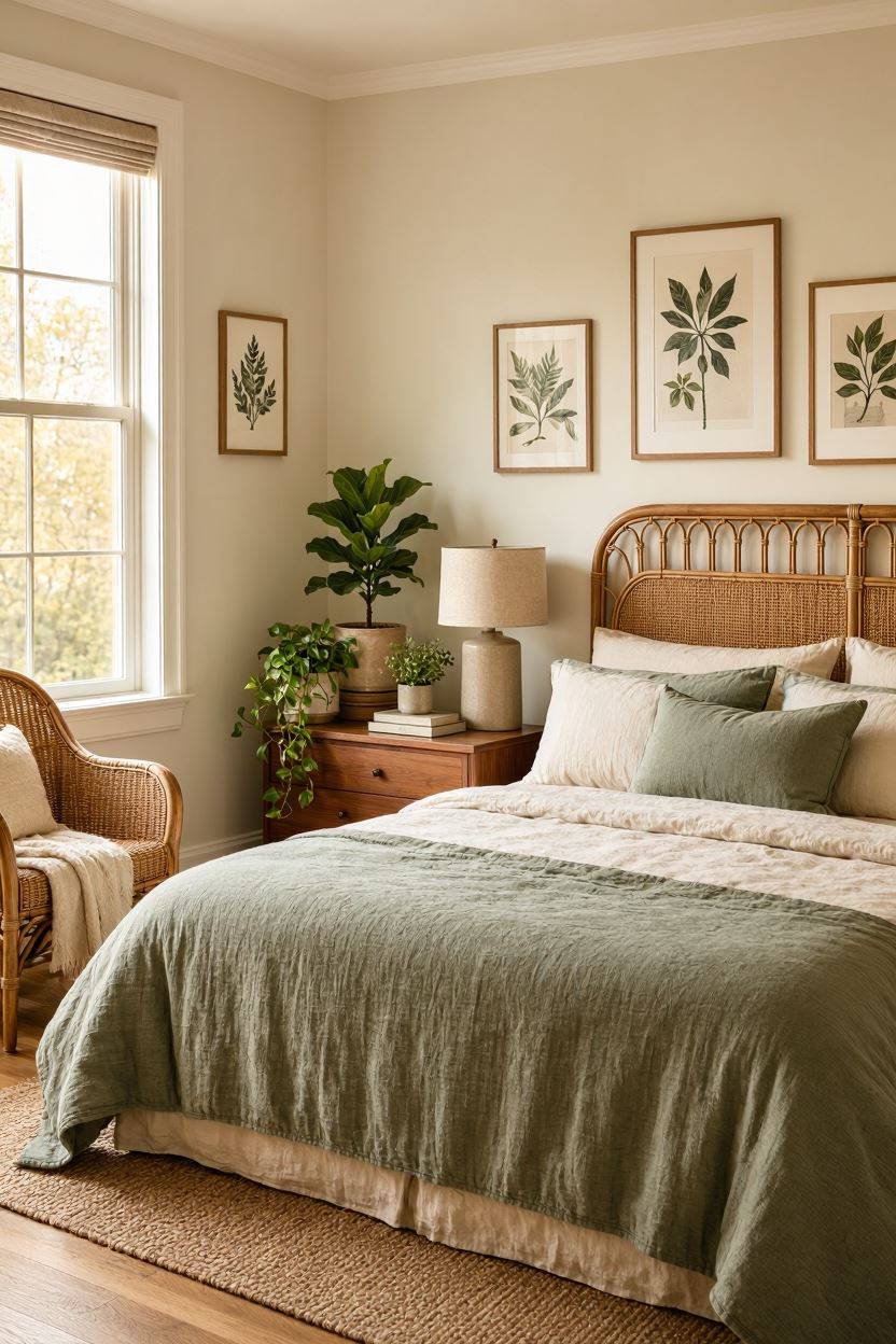 Botanical theme bedroom decor with rattan furniture and green accents