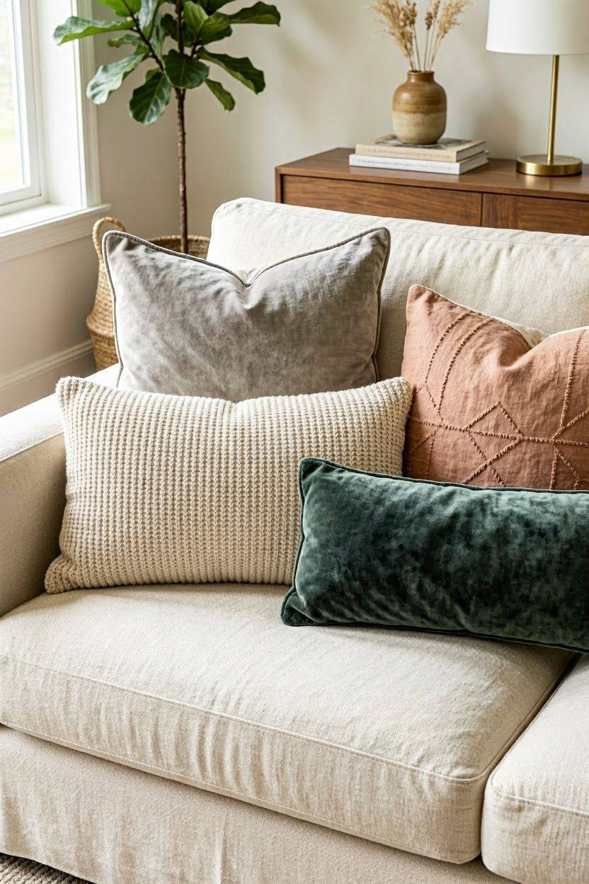 Sofa styled with mixed-texture throw pillows in neutral tones