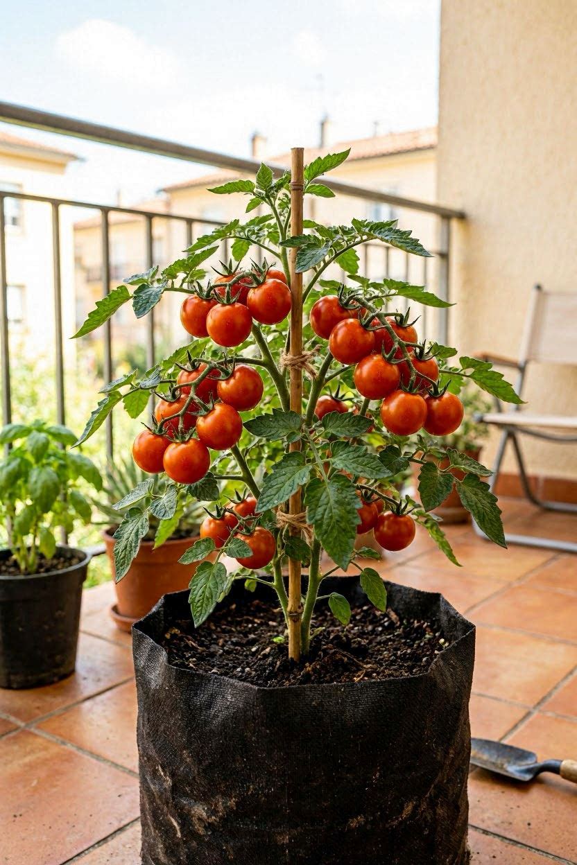 Three-tier wooden planter with herbs and small vegetables on a compact apartment balcony