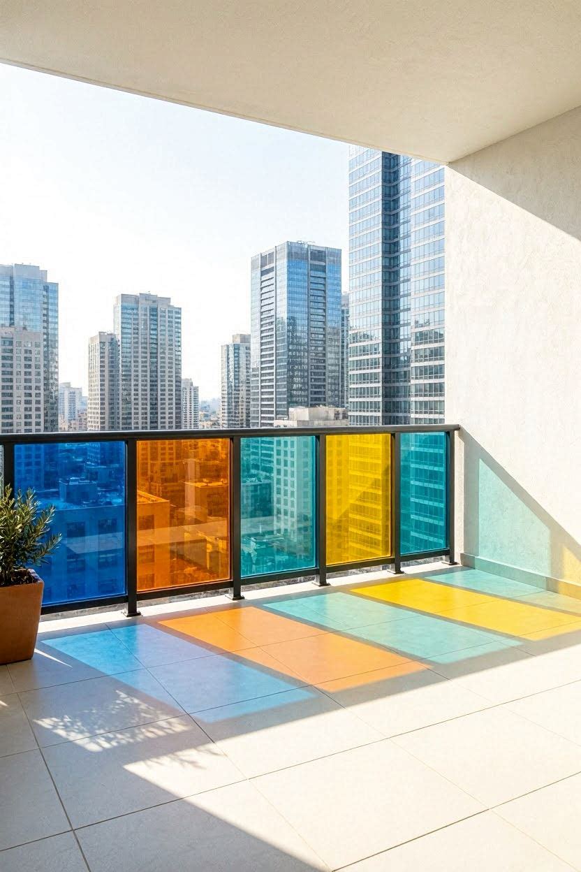 Colorful tinted glass balcony railing panels in blue, orange, and green casting colored shadows