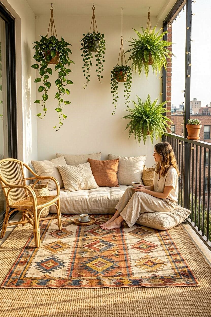 Cozy boho balcony with floor mattress, woven cushions, layered rugs, rattan chair, and hanging plants