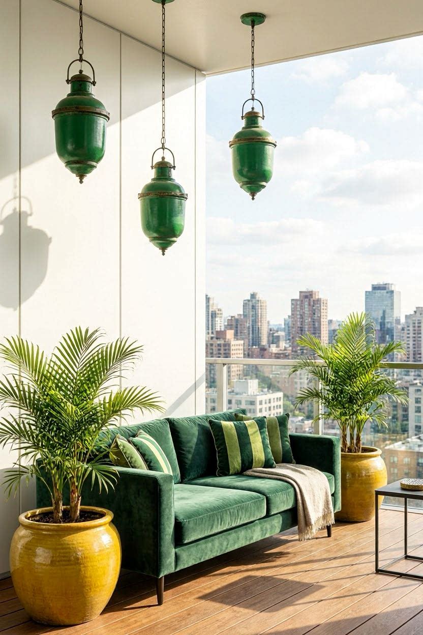 Modern apartment balcony with green velvet cushion sofa, yellow oversized planters, and three hanging green lanterns