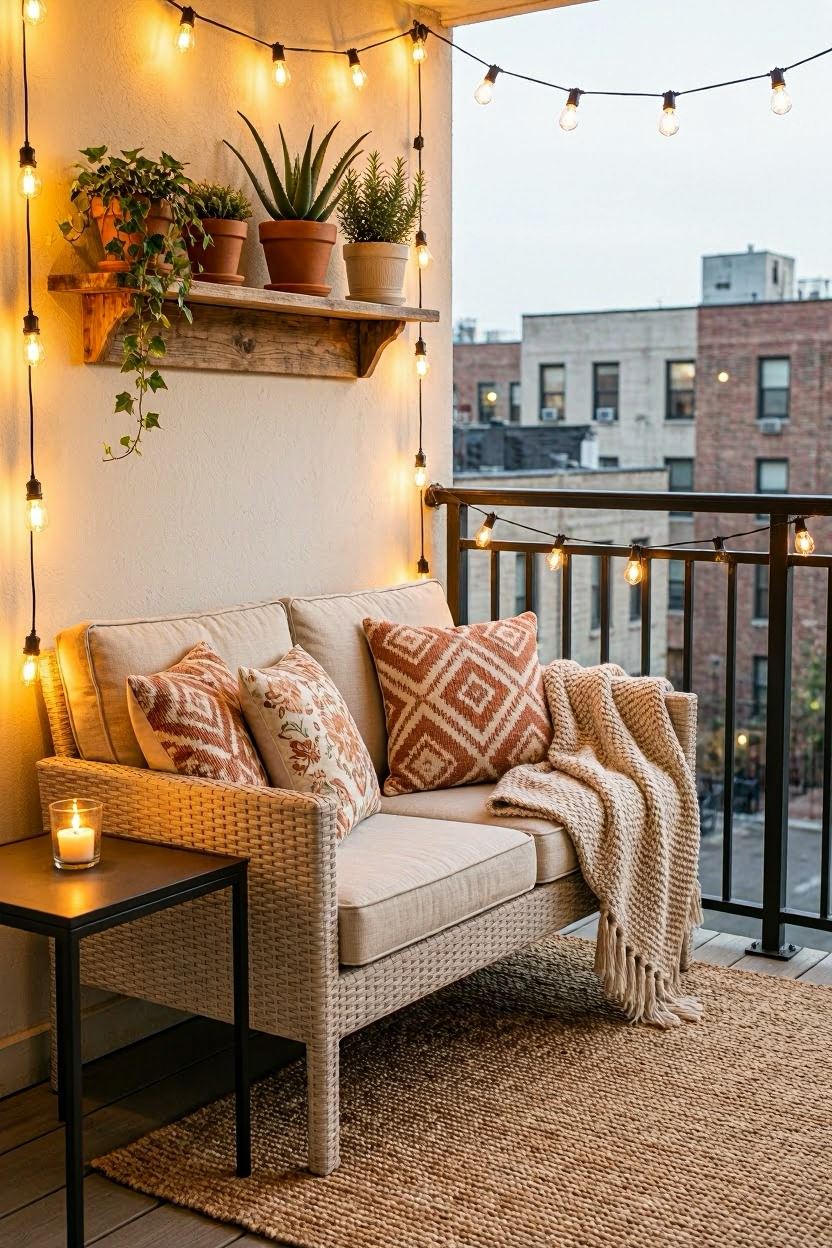 Tiny balcony with loveseat sofa, throw pillows, string lights, and wall shelves with plants
