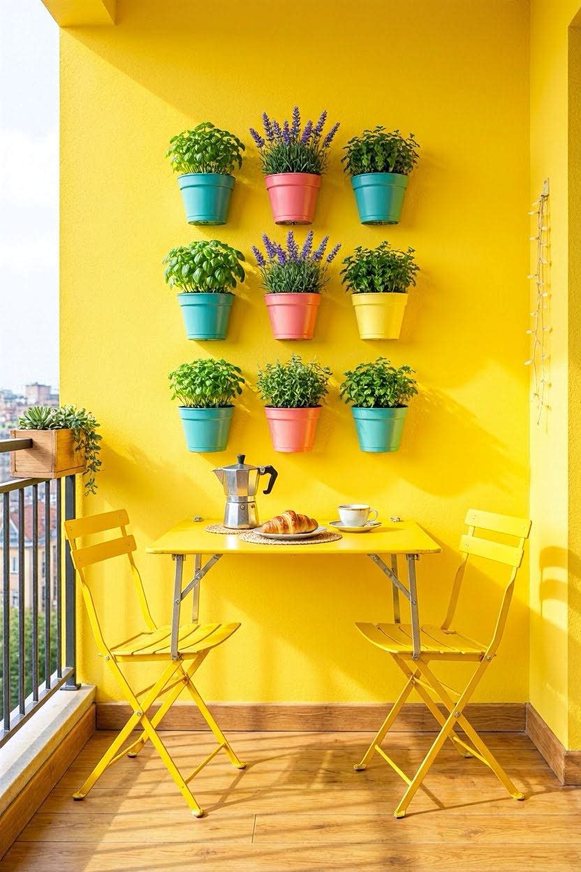 Bright balcony with yellow wall-mounted fold-down table, yellow folding chairs, and colorful wall-mounted planters