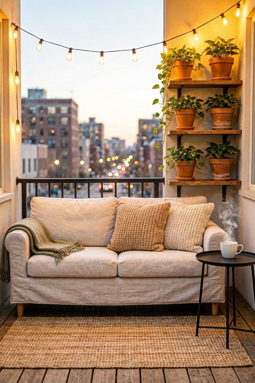 Cozy tiny balcony makeover with string lights, plants, and a loveseat sofa