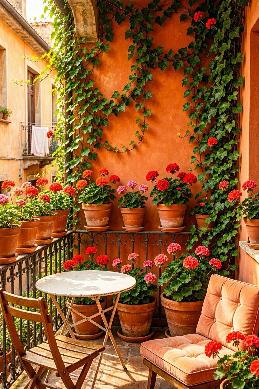 Italian-style balcony with terracotta pots, red geraniums, climbing ivy, salmon-pink walls, and rattan chair