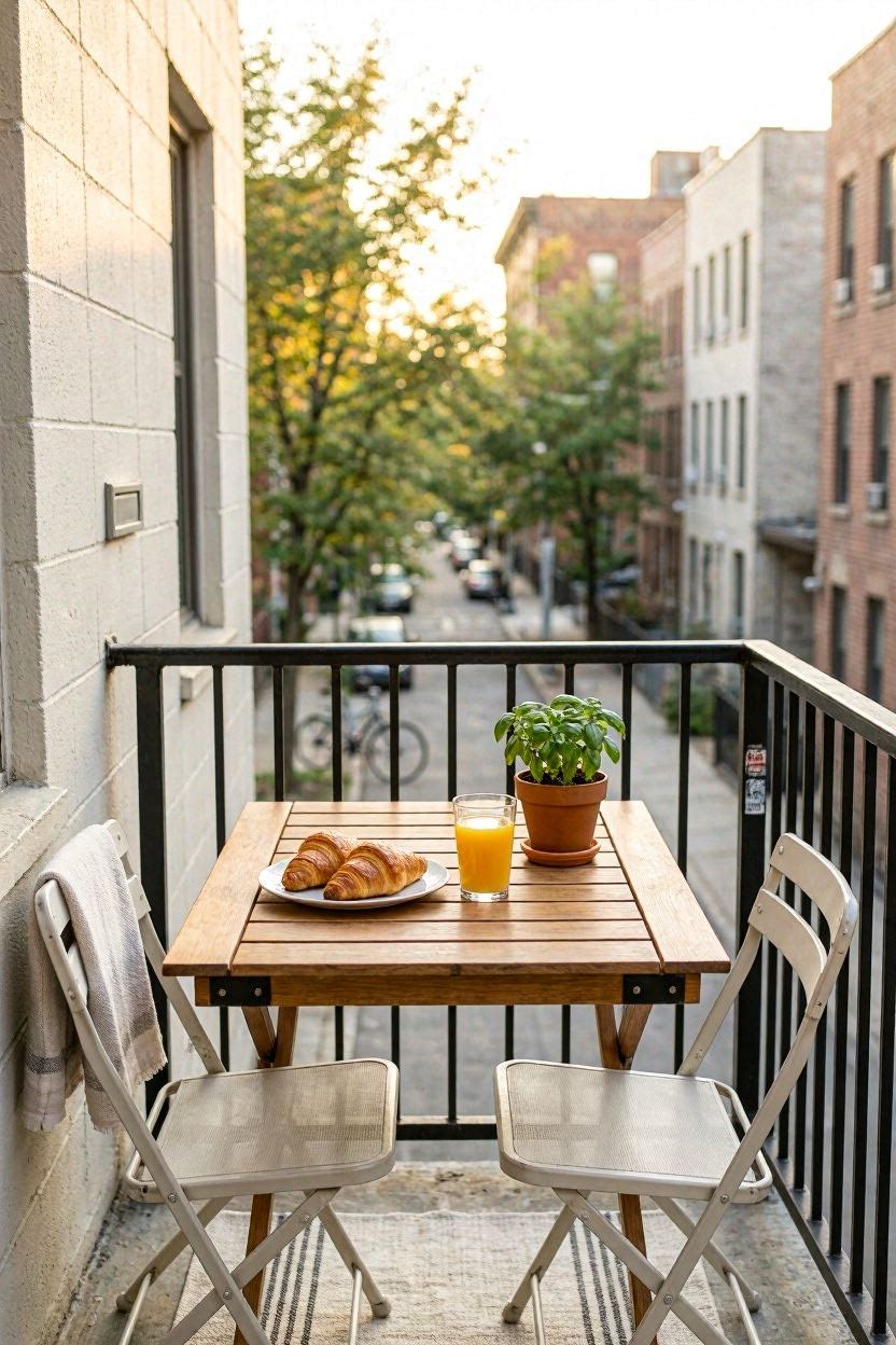 Balcony railing with a mounted wood folding bar table, two white metal chairs, and breakfast setup