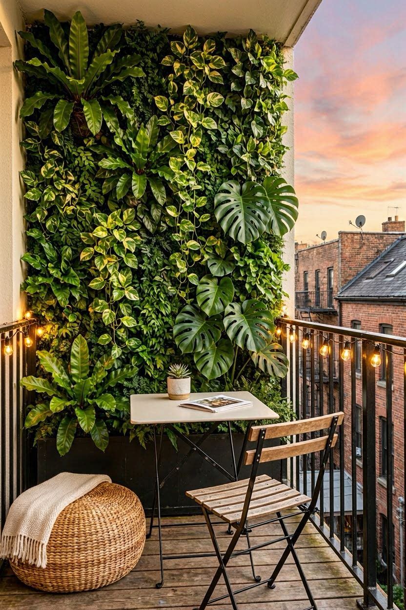 Small apartment balcony with a vertical plant wall panel, folding bistro table, and rattan floor cushion