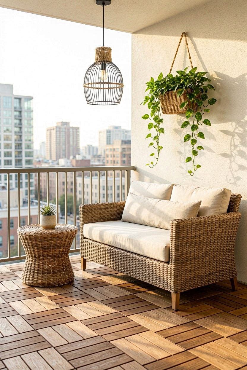 Modern apartment balcony with wood deck tiles, wicker side table, white outdoor sofa, and cascading ivy plants
