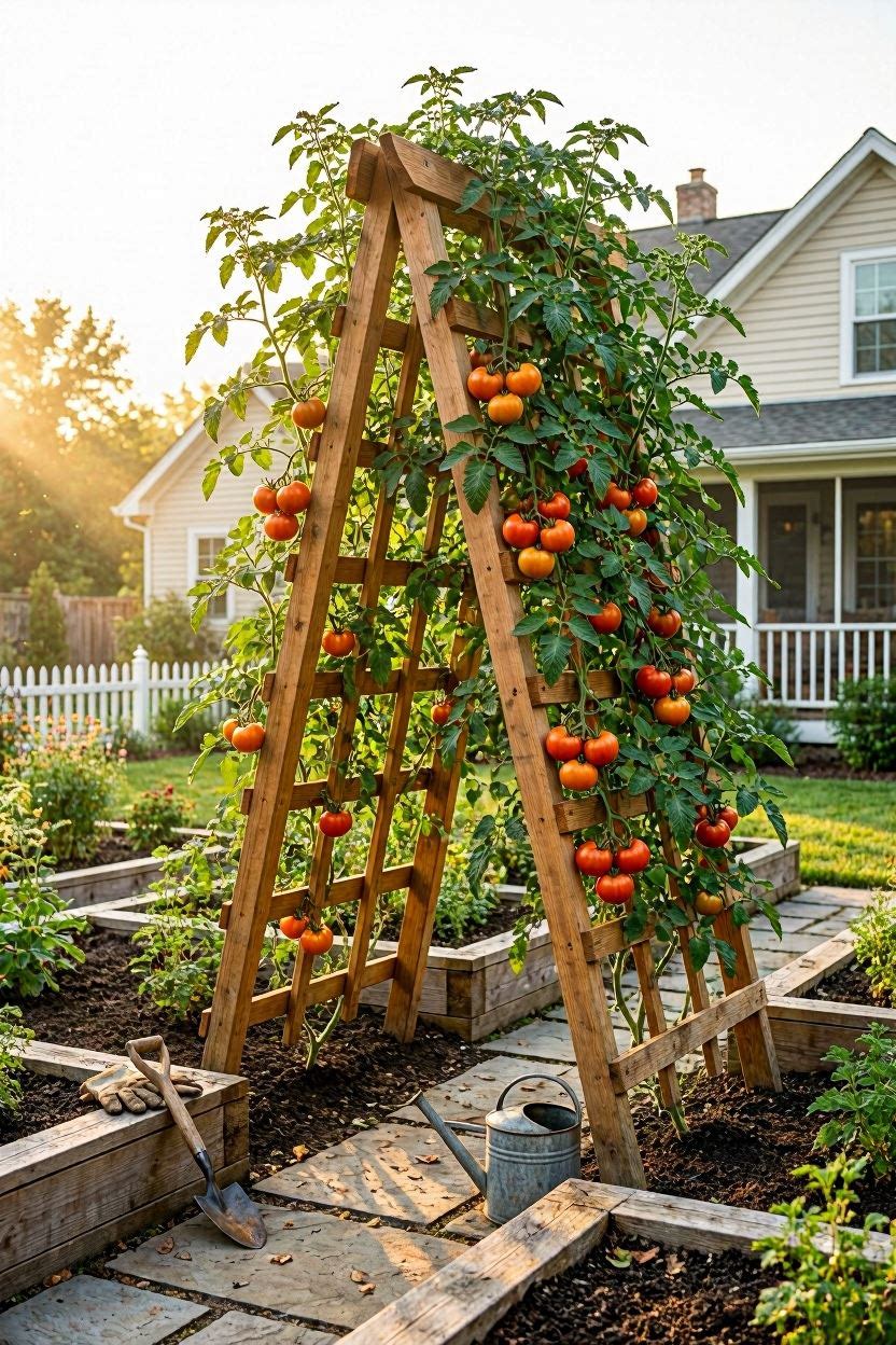 Beautiful DIY tomato trellis in a sunny backyard garden with ripe red tomatoes climbing a wooden A-frame structure