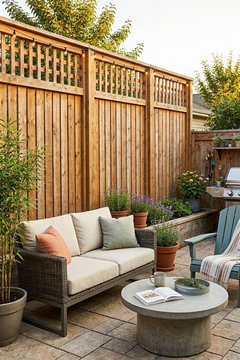 Cedar trellis panels creating a private backyard patio corner