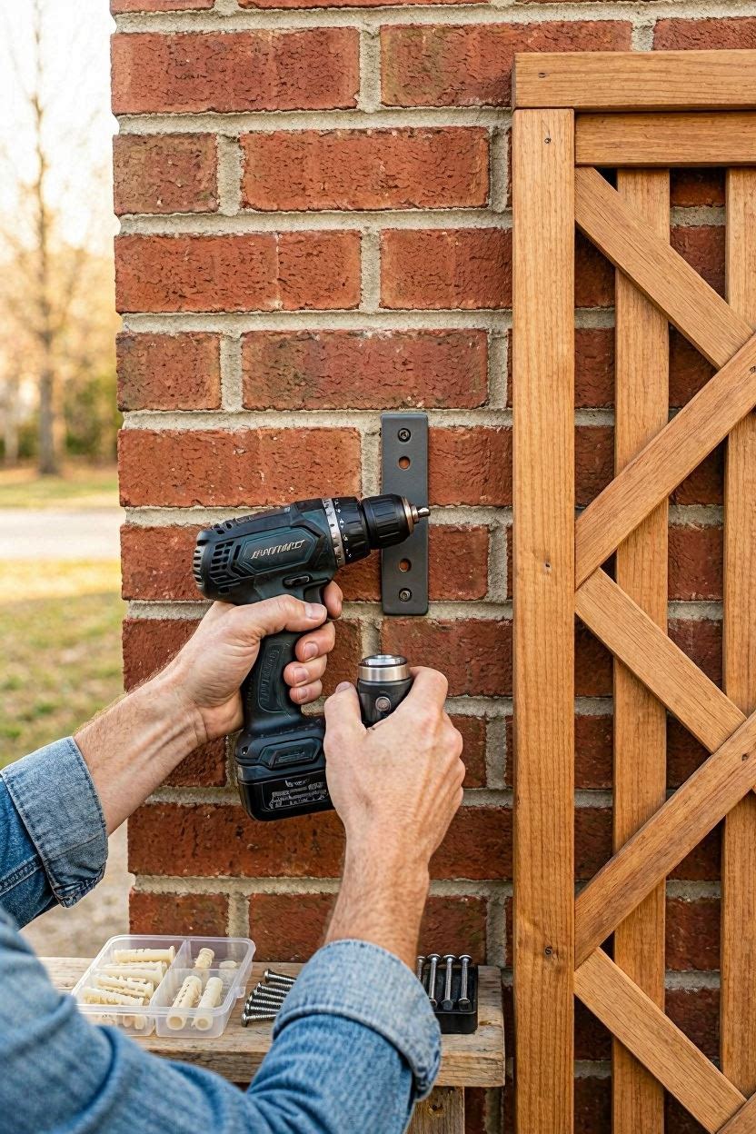 Installing trellis panel on exterior brick wall with wall plugs and brackets