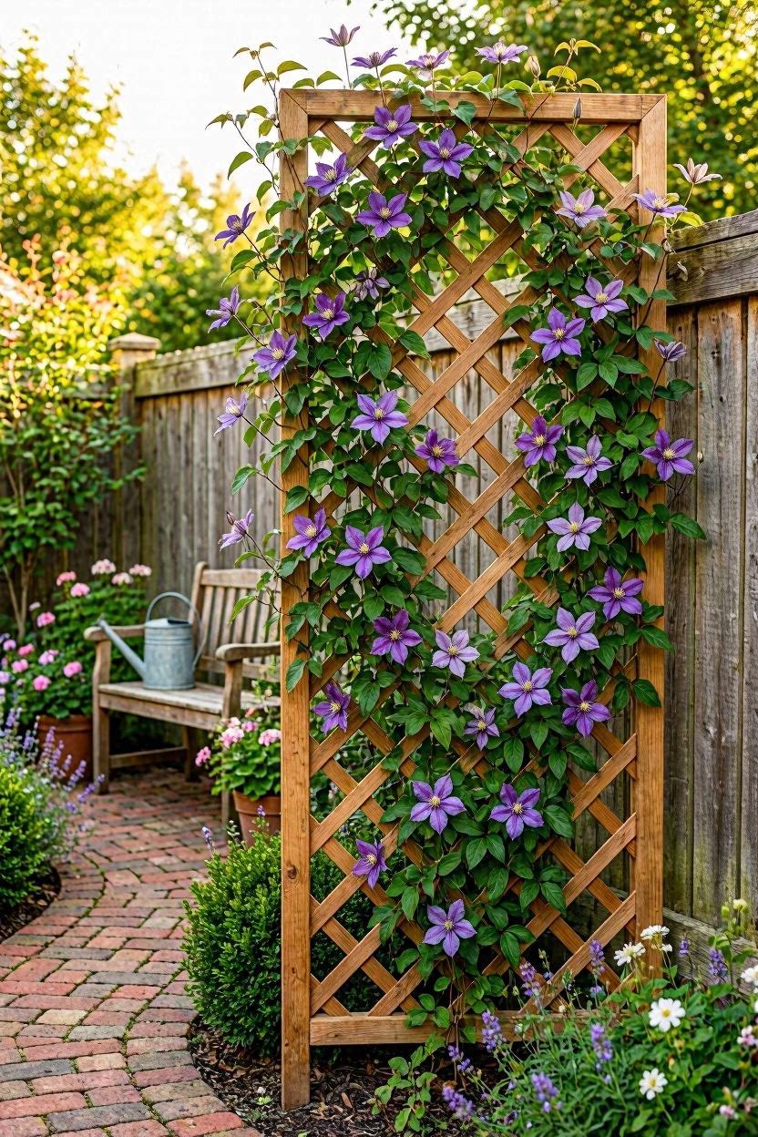 DIY cedar trellis panel privacy fence with climbing vines in backyard