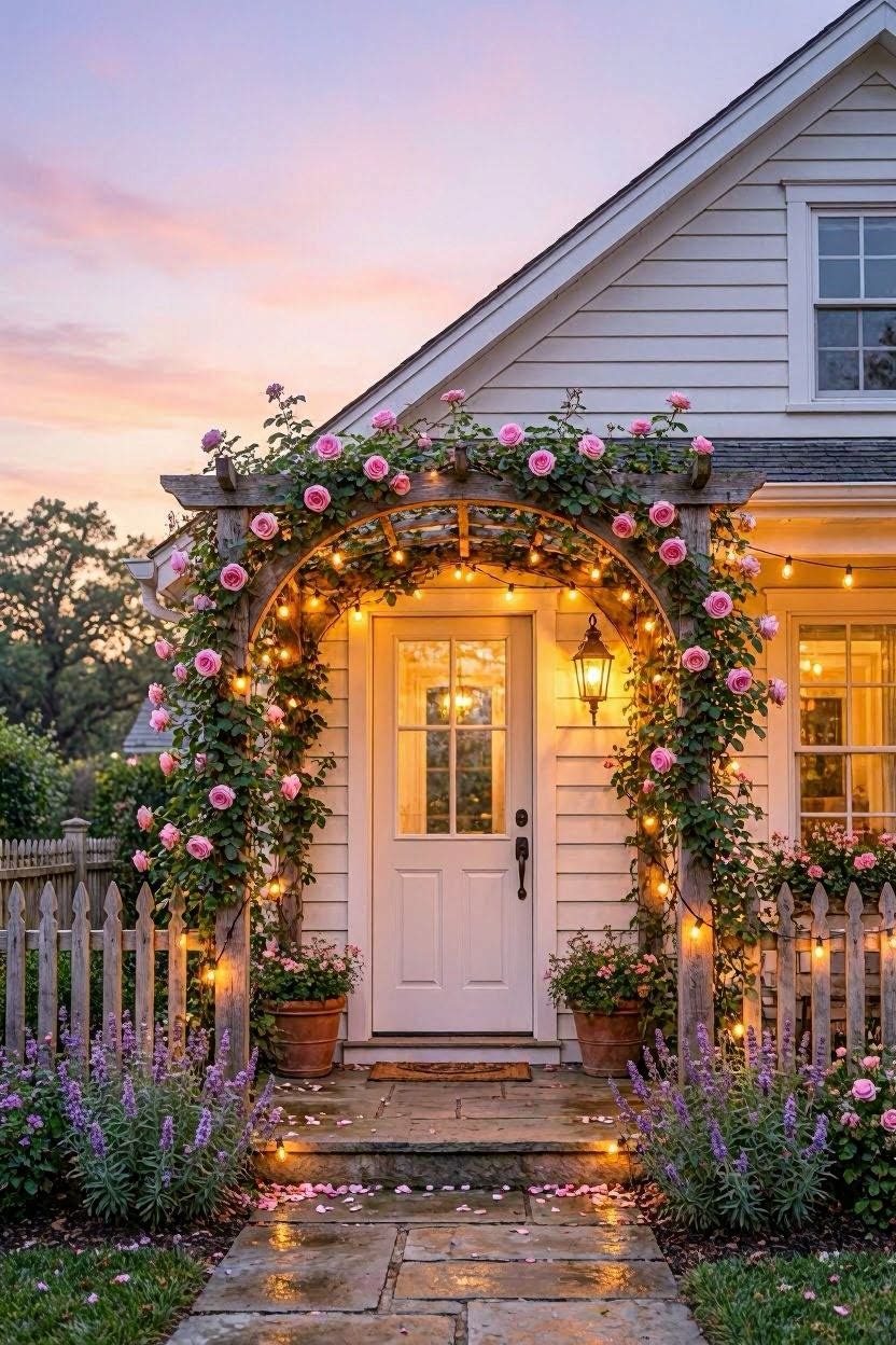 Romantic rose-covered trellis arch at cottage front door glowing with warm string fairy lights woven through climbing vines at dusk blue hour