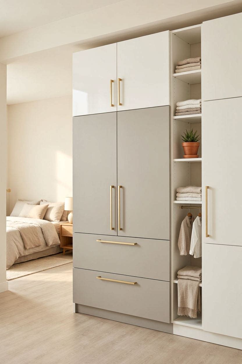 Two tone wardrobe design with grey and white panels and gold handles in a modern bedroom