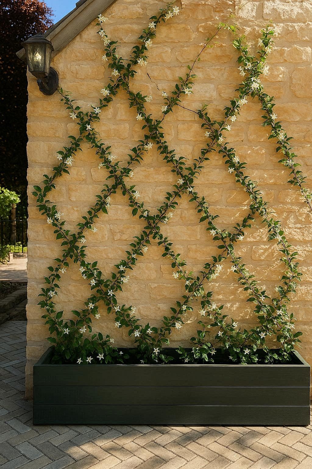 Hands tying young jasmine vine stems to a trellis with soft garden ties