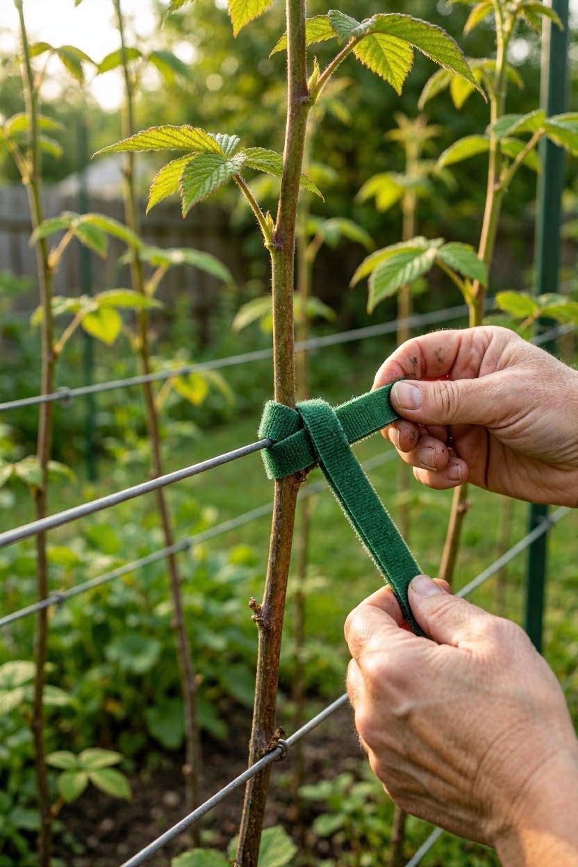 Close-up of raspberry canes tied to trellis wire with soft garden twine showing proper spacing and support technique