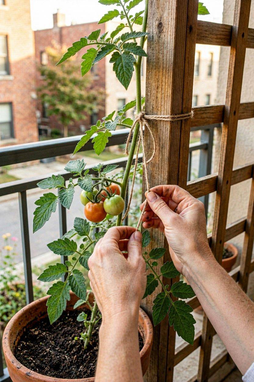 Tying tomato and cucumber vines loosely to a balcony trellis with soft ties